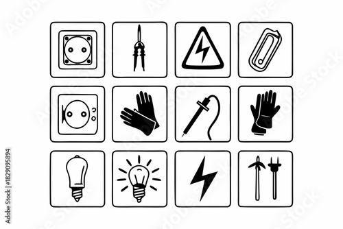 A Set of 12 Black and White Electrical Safety and Repair Icons