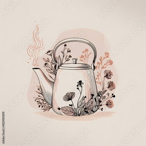 Teapot with steam illustration with flowers on the back, spring is coming, spring tea time, herbal tea