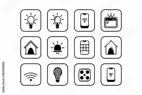 A set of twelve black outline icons for smart home lighting