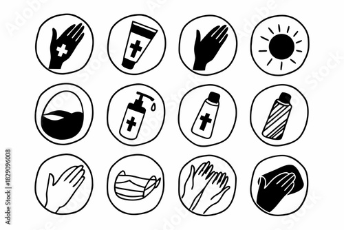 A Set of Twelve Tattoo Aftercare and Hygiene Icons