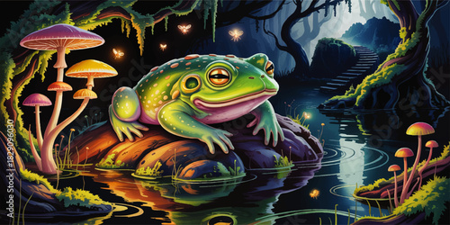 Enchanted frog on glowing forest pond rock at night with fireflies, fantasy mushrooms and magical moonlit woodland path