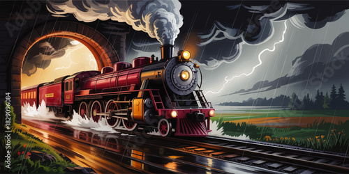 Vintage steam train rushing through tunnel in dramatic thunderstorm, lightning sky and rainy countryside landscape illustration