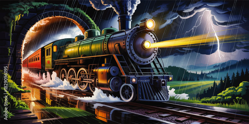 Dramatic vintage steam train at night in thunderstorm, lightning and rain over countryside landscape, cinematic illustration