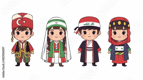 Chibi Style Characters in Traditional Middle Eastern Regional Clothing Set