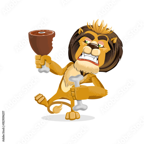 A funny cartoon lion with a full belly holds a piece of meat and a bone.