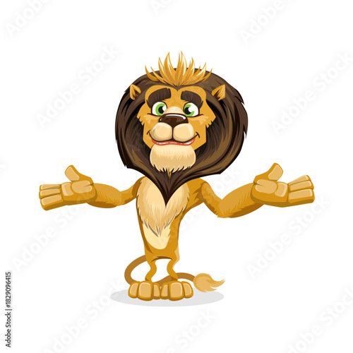 Friendly cartoon lion character with open arms for a welcoming hug, isolated on a white background.
