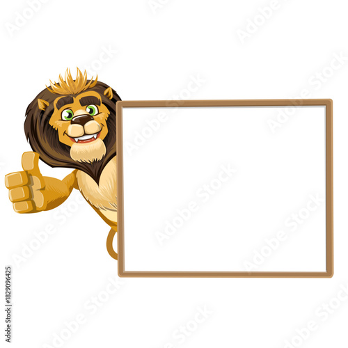 A cartoon lion character smiling and giving a thumbs-up gesture while holding a blank white board.
