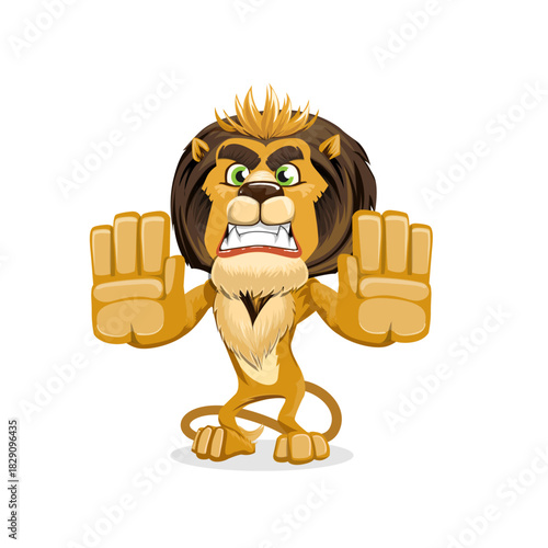 Cartoon lion with hands up, looking angry and defensive on white background.