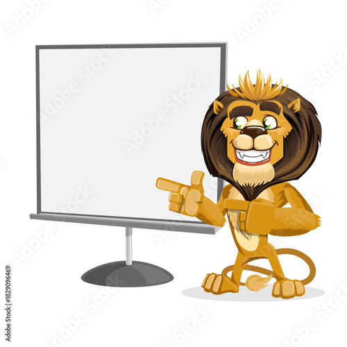 Cartoon lion character pointing at a blank presentation board, smiling and cheerful.