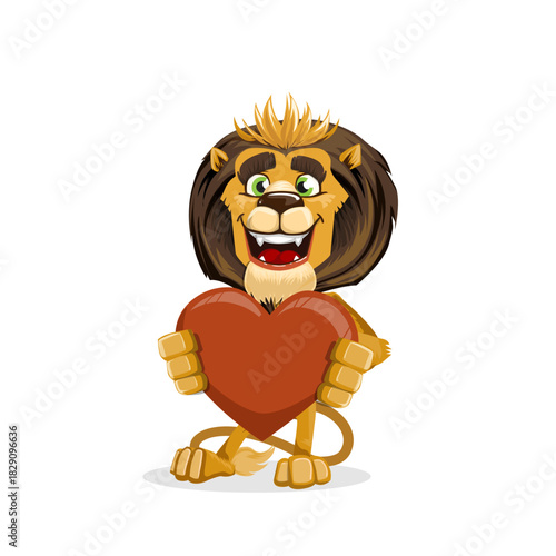 A friendly cartoon lion with a crown holding a big red heart, smiling happily.