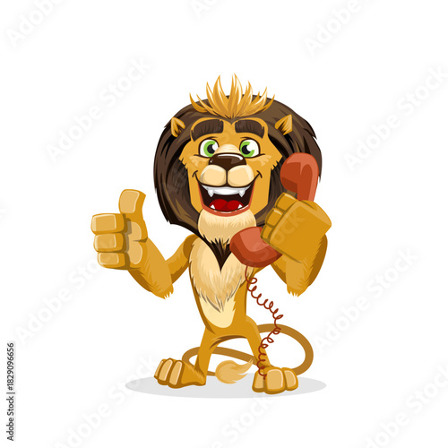 Cartoon lion character holding a telephone and giving a thumbs up gesture with a happy expression.