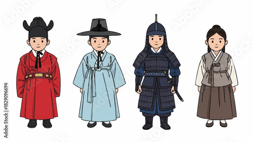 Illustration of Traditional Korean Historical Costumes on Four Children