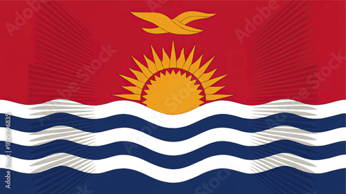 Abstract tropical sunrise over ocean waves with golden sun and bird on red background, stylized maritime coastal flag illustration