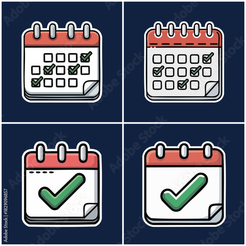 Time Management Calendar Planner Illustration Set: Collection of Four Detailed Pages with Checkmarks and Spiral Binding, Essential for Scheduling, Office Workflow, and Project Deadline Graphics