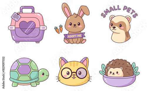 Cartoon pet sticker set PNG isolated, six cute icons, pink carrier, brown rabbit, ferret head, green turtle, yellow kitten with glasses, curled hedgehog, flat vector, soft pastel colors, playful child