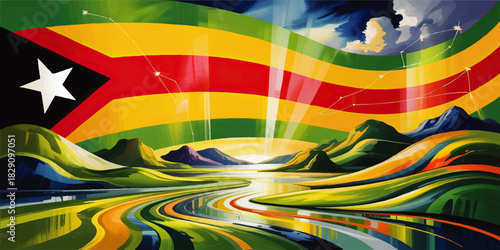 Vibrant abstract Zimbabwe flag landscape illustration with colorful mountains, river valley, sunrise sky and star constellation art