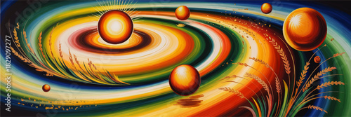 Vibrant cosmic abstract landscape with glowing orange planets, swirling rainbow orbits and golden wheat fields, fantasy space art