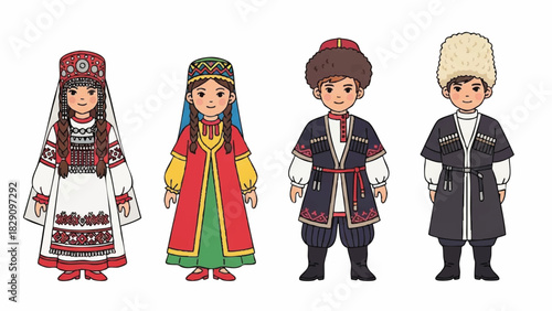 Diverse Group of Children in Traditional Eurasian Ethnic Clothing Illustrations