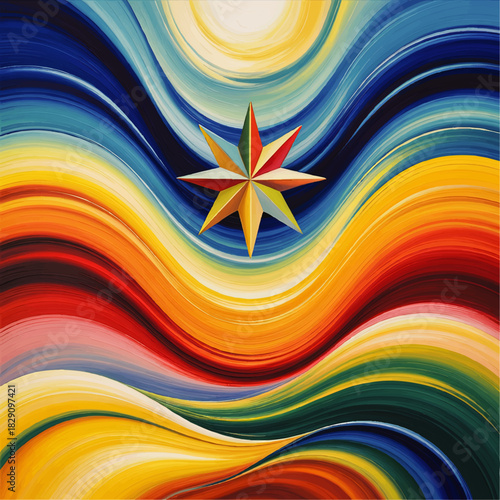Vibrant abstract waves with colorful geometric star, modern rainbow swirl background, bright decorative wall art illustration