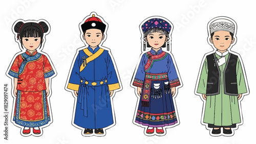 Diverse Asian Children Characters in Traditional Cultural Attire Illustration Set