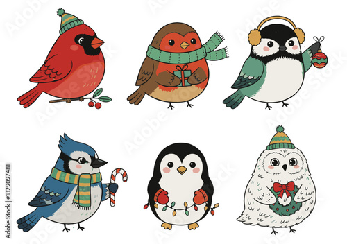 Cheerful winter bird vector and PNG sticker set of six isolated festive characters with cardinal, robin, chickadee, blue jay, penguin, and snowy owl in playful retro holiday style