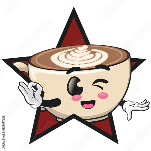 cute latte art coffee cup mascot out from of a star by giving an OK sign, smiling cartoon mug vector illustration, work of hand drawn