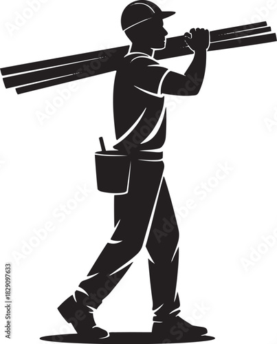 Construction Worker Silhouette: A diligent construction worker, seen in silhouette, carries a bundle of wooden beams, personifying the essence of hard work, skilled labor, and building a foundation. 