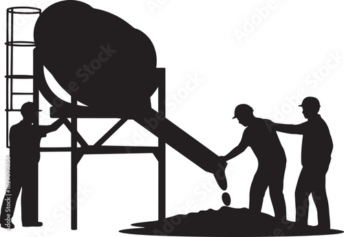 Concrete Pouring: A silhouette captures a construction crew working together to pour liquid concrete, emphasizing teamwork and industry.