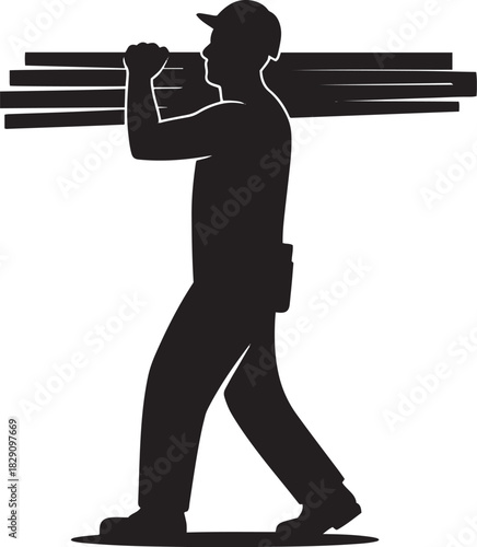 Artisan Silhouette: A determined construction worker carries a load of wooden beams on their shoulder, personifying strength and labor. The stark silhouette captures the essence of honest work.