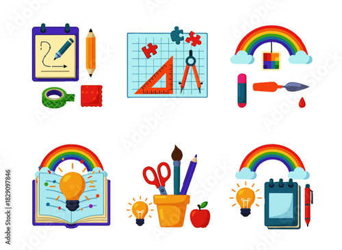 Creative Education Sticker Set – Flat Pastel PNG of Designer Desk, Blueprint Tools, Rainbow Palette, Open Book with Lightbulb, Rainbow Tool Jar, and Sketchpad with Bulb in Rounded Playful Vector Style