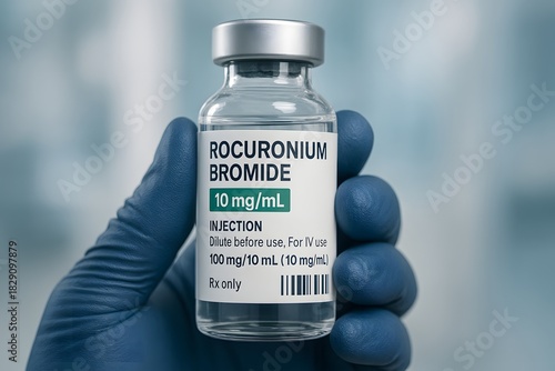High-quality image of a Rocuronium Bromide 10 mg/mL vial held with medical gloves. Ideal for anesthesia, ICU care, pharmacology visuals, and healthcare awareness campaigns.