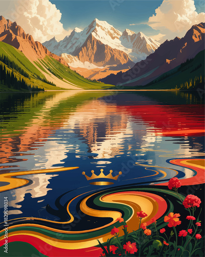 Majestic mountain lake landscape with colorful abstract water reflections, golden crown motif and vibrant wildflower foreground illustration