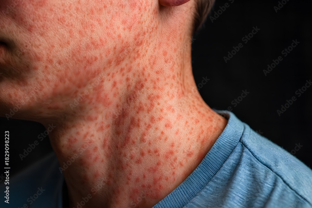 Fototapeta premium Close-up view of an extensive red rash covering the neck, showing inflamed skin and irritation. Useful for dermatology education, allergy awareness, viral rash reference, and medical visuals.