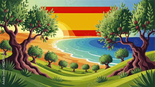 Spanish Mediterranean olive grove at sunrise, coastal landscape with sea waves, flag colors and rolling green hills illustration