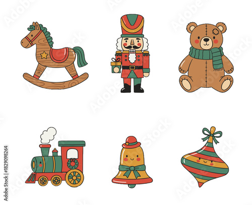 Holiday toy sticker set PNG isolated, six cute icons, rocking horse, nutcracker, plush teddy, steam engine, bell character, spinning top, flat vector, pastel-primary palette, playful children’s style