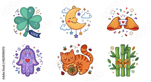 Lucky Charm Sticker Set – Flat Pastel Vector of Shamrock, Crescent Moon, Fortune Cookie, Hamsa Pendant, Ginger Cat, and Lucky Bamboo in Playful Rounded Cartoon Style on White Background