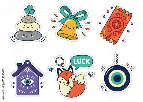 Lucky charm vector and PNG sticker set of six isolated icons with pebble cairn, golden bell, paper talisman, amulet house, fox keychain, and evil‑eye button in playful cartoon style