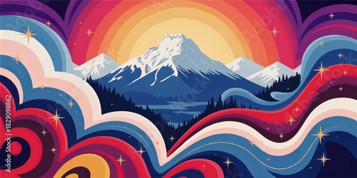 Retro psychedelic mountain landscape illustration with colorful waves, sunset sky, snowy peaks, forest silhouettes and shining stars