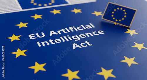The European Union Artificial Intelligence Act on the EU flag, symbolizing the new legal framework for AI governance and ethical technology advancement
