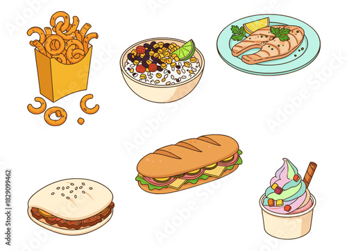 Playful fast-food vector and PNG set of six icons with curly fries, burrito bowl, fish fillet, bao bun, sub sandwich, and frozen yogurt in cheerful pastel cartoon style on white background