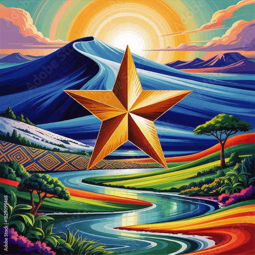 Golden star over surreal colorful landscape with river, mountains and sunrise in vibrant fantasy nature illustration