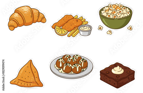 Playful fast‑food vector and PNG sticker set of six isolated icons with croissant, fish and chips, popcorn, samosa, falafel, and brownie in cheerful pastel cartoon style