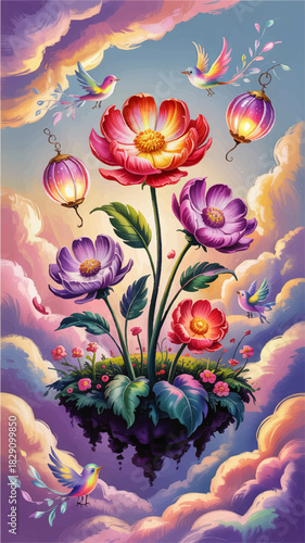 Fantasy floating island garden with giant colorful flowers, dreamy clouds, glowing lanterns and flying birds illustration
