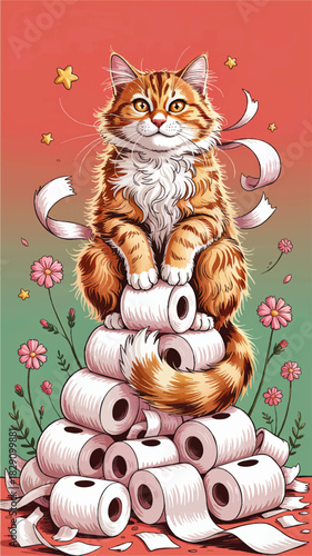 Cute ginger cat sitting on tower of toilet paper rolls, funny playful feline illustration on pastel red green background