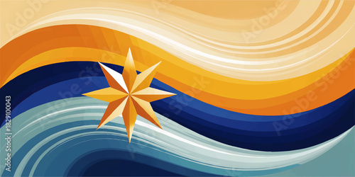 Golden compass star over abstract ocean waves and sunset sky, nautical navigation background, vibrant blue and orange vector art