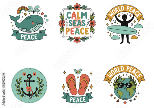 Six playful pastel peace sticker icons PNG isolated smiling whale with rainbow, typographic peace badge, surfer with banner, anchor with flowers, flip-flops peace sign, globe with leaf hair.