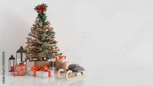 Christmas Tree with Gifts and Holiday Decorations on White Background