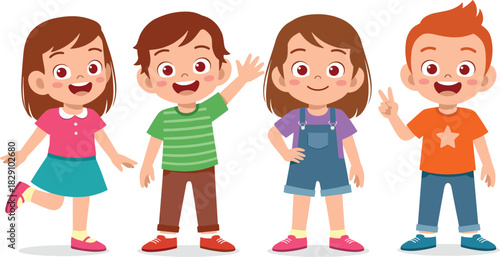 Diverse Group of Four Happy Children Standing Together: Friendship, Schoolmates, Playtime, and Childhood Fun Vector Illustration Set