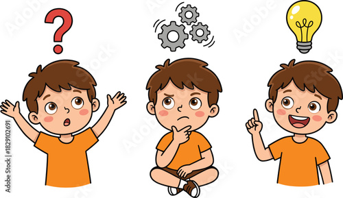 Boy Problem Solving Process: Asking Question, Thinking with Gears, and Getting Idea with Lightbulb, Creative Solution Vector Set