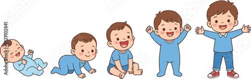 Baby Boy Development Milestones Vector Set: Laying, Crawling, Sitting, Standing, and Toddler Growth Stages Illustration for Education